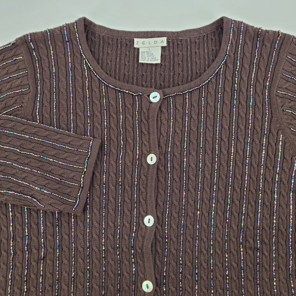 Zelda Womens Small Brown Beaded Cable Knit Cardigan Sweater Rayon Cotton Blend